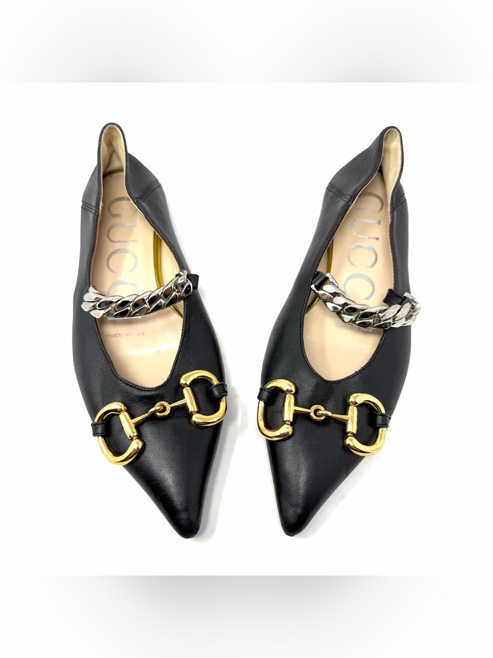 Gucci Women’s Deva Horsebit Chain Ballet Flats Sz 37 / 7 Black Leather Mary Jane